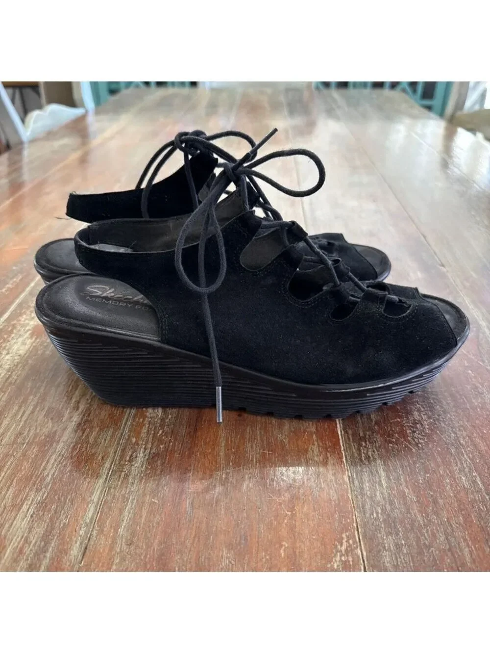 Skechers Black Suede Ghillie Lace-Up Peep Toe Wedges - Women's Size 9.5